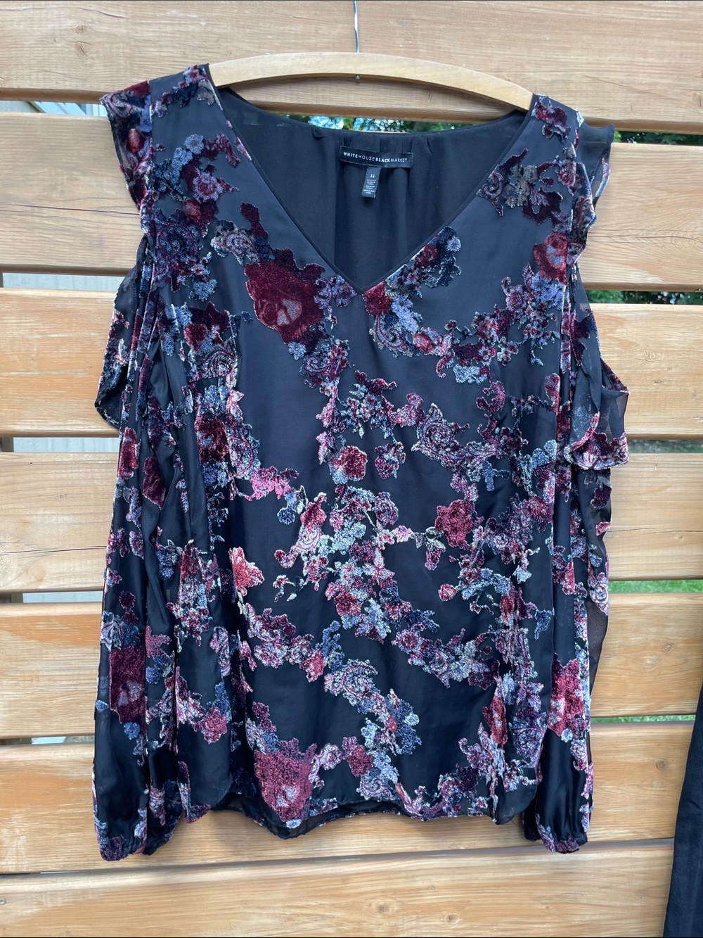 White House Black Market Black Floral Velvet Burnout Cold-Shoulder Top